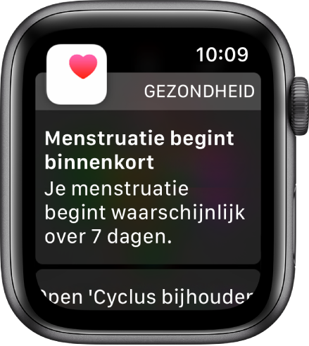 Apple Watch met een scherm met informatie over een menstruatievoorspelling en de tekst "Menstruatie begint binnenkort. Je menstruatie begint waarschijnlijk over 7 dagen." Onderin staat de knop 'Open 'Cyclus bijhouden''.