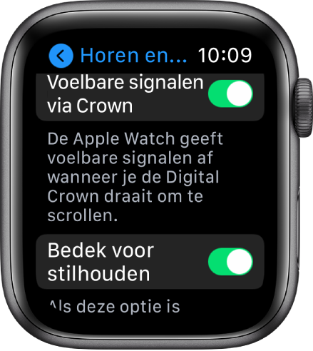 Het scherm 'Voelbare signalen via Crown', met de schakelaar 'Voelbare signalen via Crown' ingeschakeld. De knop 'Bedek voor stilhouden' bevindt zich daaronder.