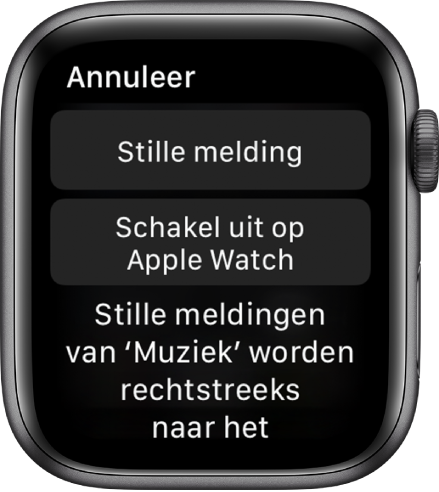 Berichtgevingsinstellingen op de Apple Watch. Op de bovenste knop staat 'Stille melding' en op de onderste staat 'Schakel uit op Apple Watch'.