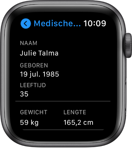 Het scherm 'Medische ID' met de naam, de geboortedatum, de leeftijd, het gewicht en de lengte van de gebruiker.