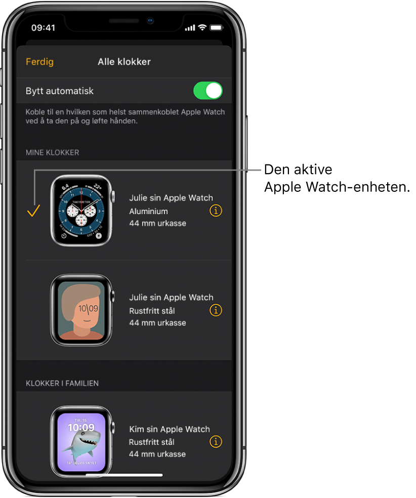 Et hakemerke viser den aktive Apple Watch-enheten på Alle klokker-skjermen i Apple Watch-appen.