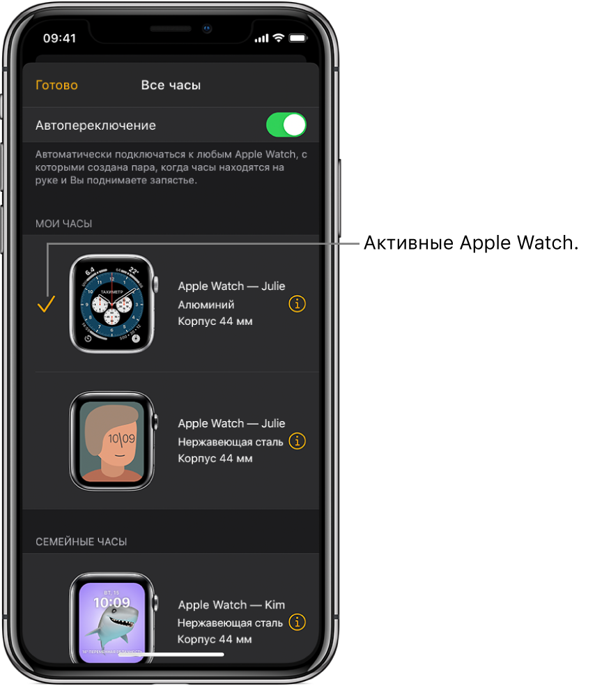 Экран «Все часы» в приложении Apple Watch. Галочкой отмечены активные Apple Watch.