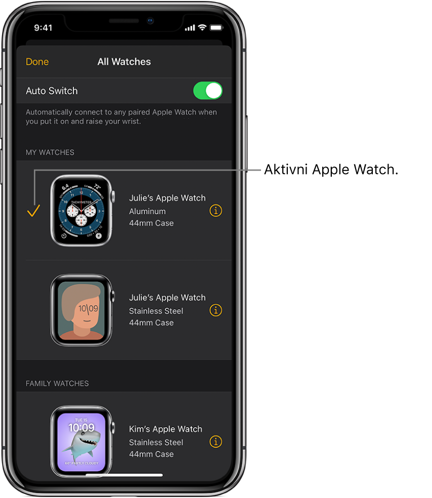 Kljukica na zaslonu All Watches (Vse ure) v aplikaciji Apple Watch označi dejavno uro Apple Watch.