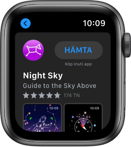 Apple Watch med appen App Store. Högt upp på skärmen finns ett sökfält med en appsamling nedanför.