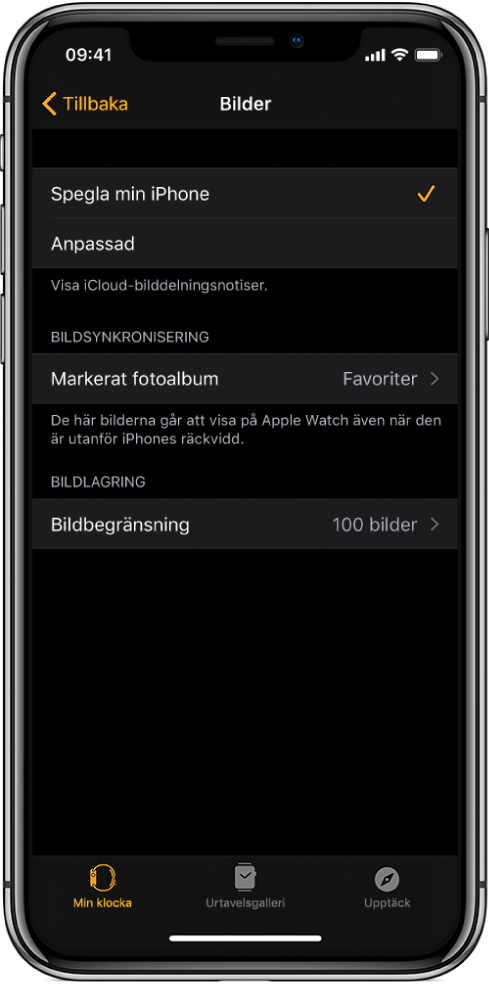 Bilder-inställningar i Apple Watch-appen på iPhone. Inställningen Bildsynkronisering finns i mitten och under den inställningen Bildbegränsning.