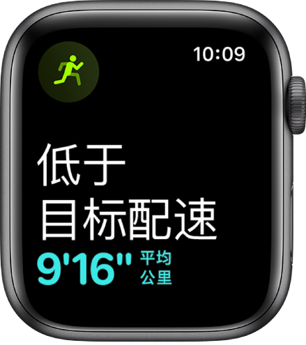 “体能训练”屏幕,显示您的跑步速度落后于目标配速。