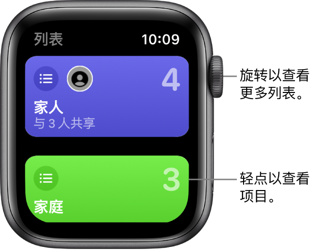 “提醒事项” App 的“列表”屏幕显示两个列表按钮,分别是“家人”和“家庭”。大数字告诉您每个列表中有多少个提醒事项。“家人”按钮包括“与 3 人共享”文字。轻点列表以查看其中的项目,或者旋转数码表冠以查看更多列表。