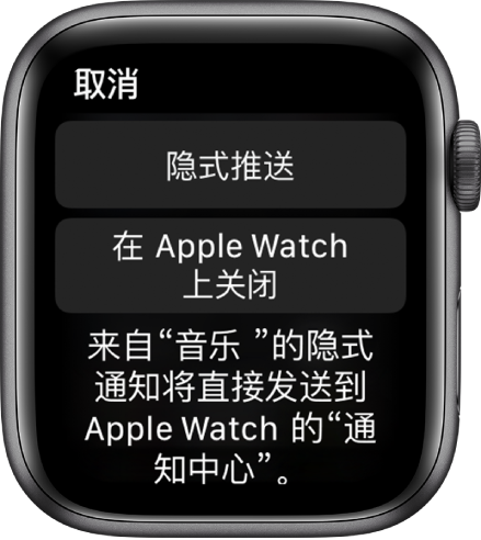 Apple Watch 上的通知设置。顶部按钮显示“隐式推送”,下方的按钮显示“在 Apple Watch 上关闭”。
