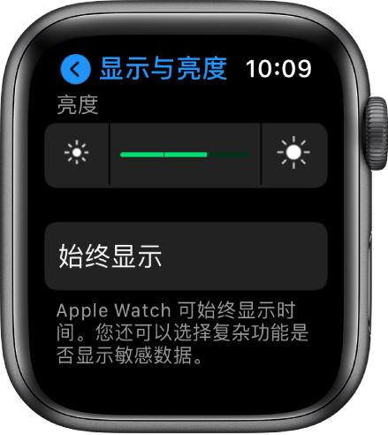 Apple Watch 上的“亮度”设置,顶部是“亮度”滑块,下方是“始终显示”按钮。