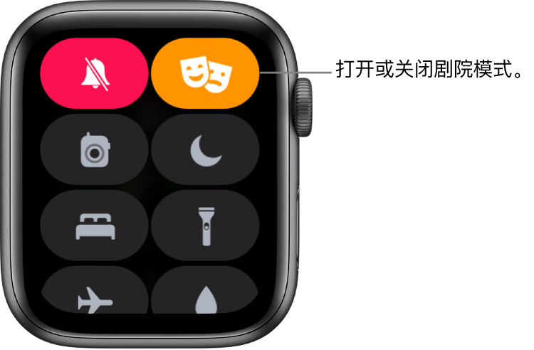 “控制中心”中高亮显示的剧院模式按钮和静音模式按钮表示剧院模式已打开。