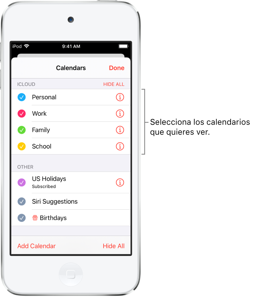 La lista de calendarios indica qué calendarios están activos mediante una marca de verificación. El botón OK para cerrar la lista en la esquina superior derecha.