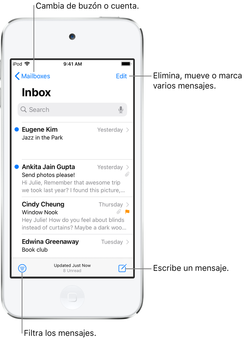 El buzón de entrada, mostrando una lista de correos. El botón Buzones, que permite cambiar a otro buzón, está en la esquina superior izquierda. El botón Editar para eliminar, mover o marcar correos se encuentra en la esquina superior derecha. El botón para filtrar correos (para que sólo se muestren ciertos tipos de correos) se encuentra en la esquina inferior izquierda. El botón para componer un correo nuevo se encuentra en la esquina inferior derecha.