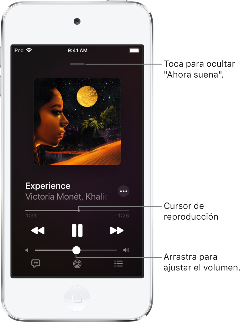 La pantalla "Ahora suena" mostrando la ilustración del álbum. Debajo se encuentra el nombre de la canción, el nombre del artista, el botón Más, el cursor de reproducción, los controles de reproducción, el regulador del volumen, el botón para ver la letra de la canción, el botón "Destino de la reproducción" y el botón Fila. El botón "Ocultar ahora suena" se sitúa en la parte superior.