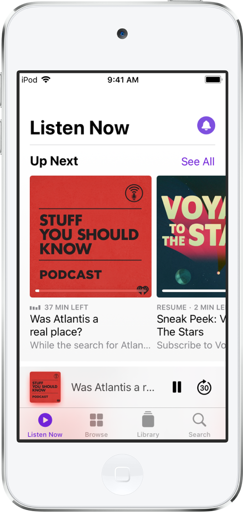L’onglet Écouter affichant les podcasts récemment mis à jour.