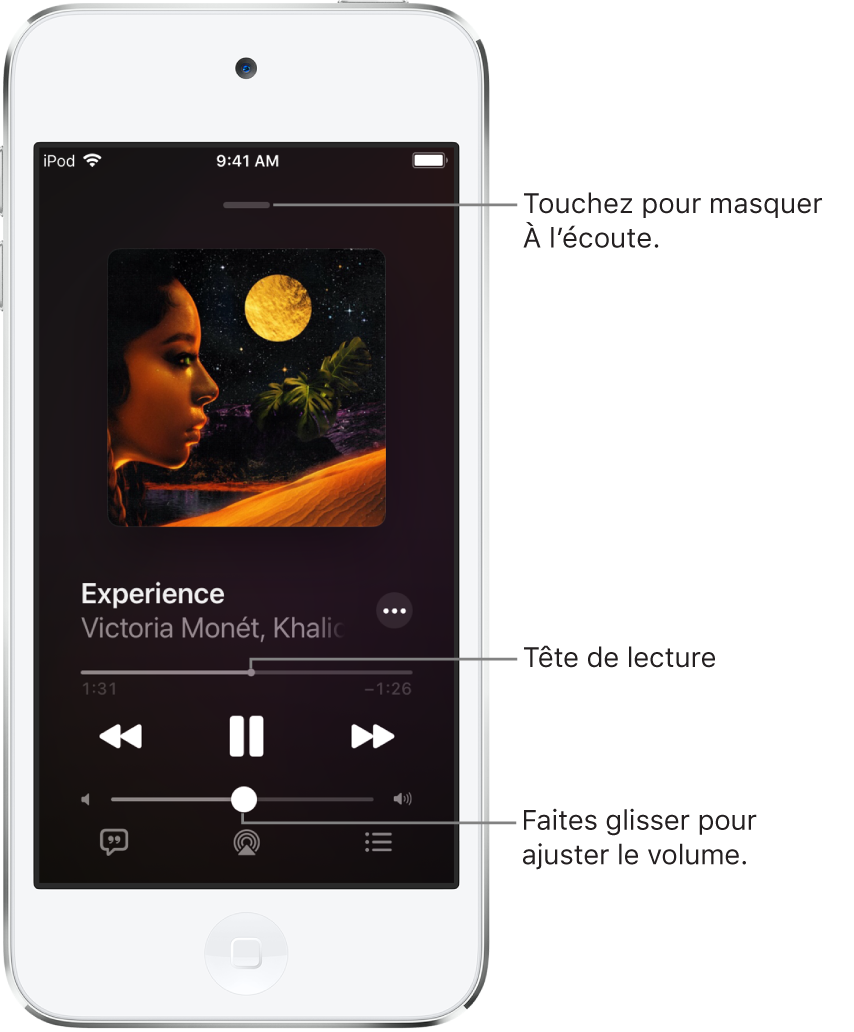L’écran À l’écoute avec l’illustration de l’album. En dessous se trouvent le titre du morceau, le nom de l’artiste, le bouton Plus, la tête de lecture, les commandes de lecture, le curseur de volume, le bouton Paroles, le bouton « Destination pour la lecture » et le bouton « File d’attente ». Le bouton pour masquer À l’écoute se trouve en haut.