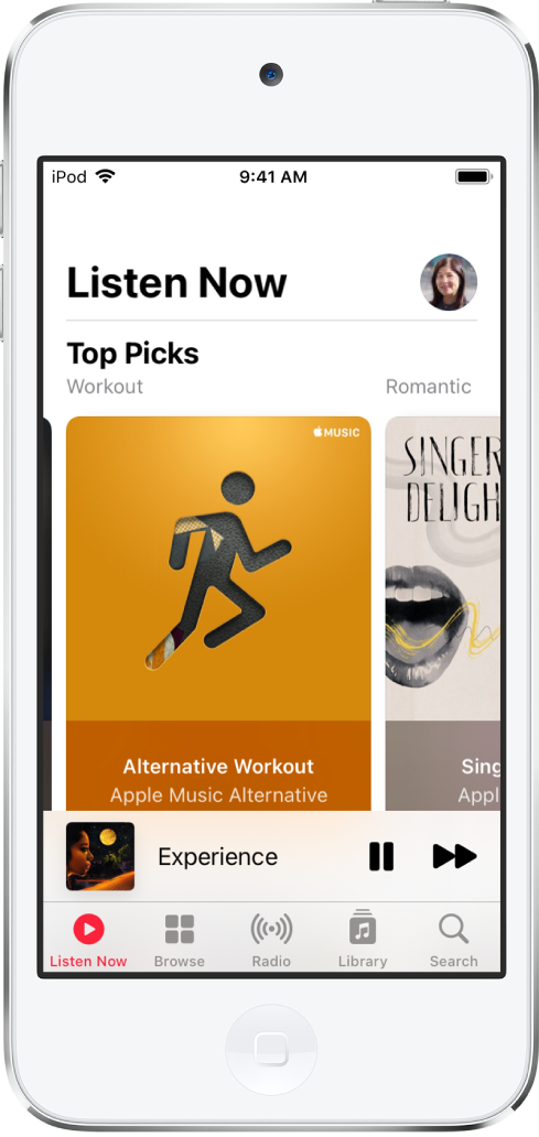 Écran Écouter montrant le bouton de profil en haut à droite. Des playlists « Sélectionné pour vous » s’affichent en dessous.