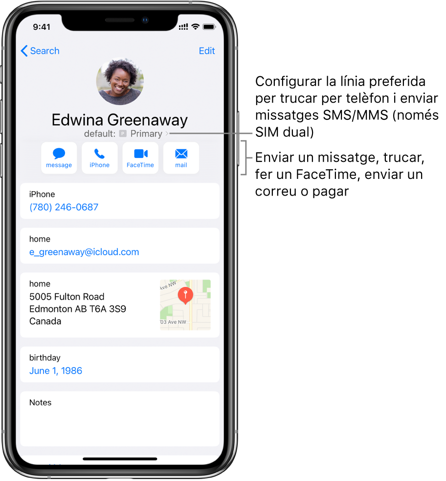 Pantalla d’informació d’un contacte. Al capdamunt hi ha el nom i la foto del contacte. A sota hi ha els botons per enviar un missatge, fer una trucada telefònica, fer una trucada amb el FaceTime, enviar un missatge de correu electrònic i enviar diners amb l’Apple Pay. A sota dels botons hi ha la informació de contacte.