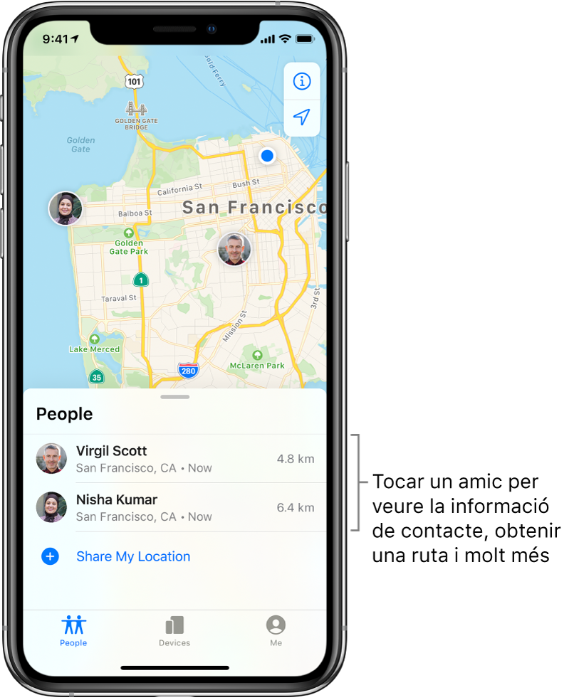 Pantalla de Buscar oberta amb la pestanya Persones. Hi ha dos amics a la llista Persones: Virgil Scott i Nisha Kumar. Les seves ubicacions es mostren en un mapa de San Francisco.