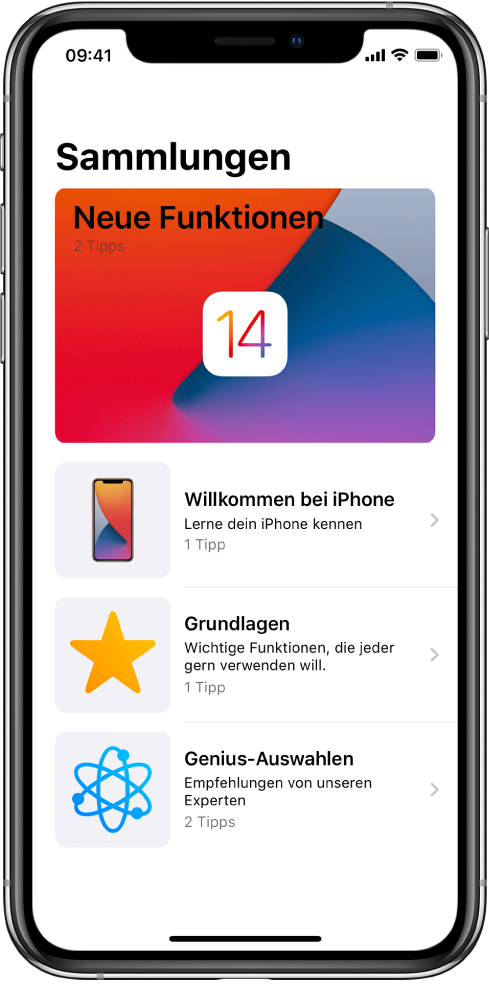 Ein Bildschirm zeigt eine Sammlung von Tipps mit Rechtspfeilen, die darauf hinweisen, dass du durch Tippen auf eine Sammlung die darin befindlichen Tipps anzeigen kannst.