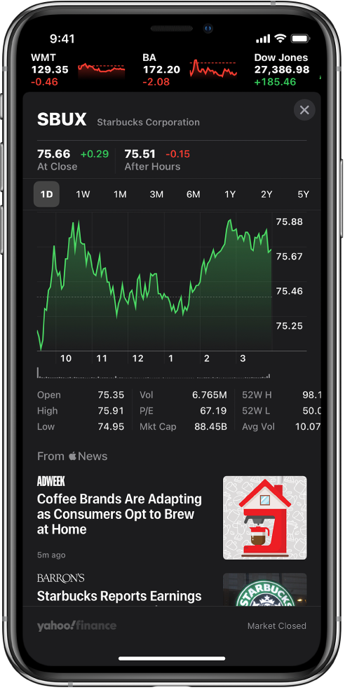 In the middle of the screen a chart shows the performance for a stock over the course of one day. Above the chart are buttons to display the stock performance by one day, one week, one month, three months, six months, one year, two years, or five years. Below the chart are stock details such as opening price, high, low, and market cap. Below the chart are Apple News articles related to stock.