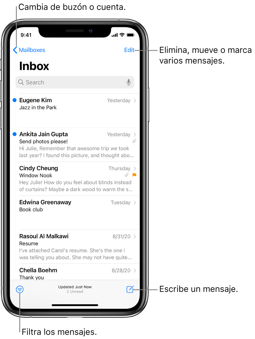 El buzón de entrada, mostrando una lista de correos. El botón Buzones, que permite cambiar a otro buzón, está en la esquina superior izquierda. El botón Editar para eliminar, mover o marcar correos se encuentra en la esquina superior derecha. El botón para filtrar correos (para que sólo se muestren ciertos tipos de correos) se encuentra en la esquina inferior izquierda. El botón para componer un correo nuevo se encuentra en la esquina inferior derecha.
