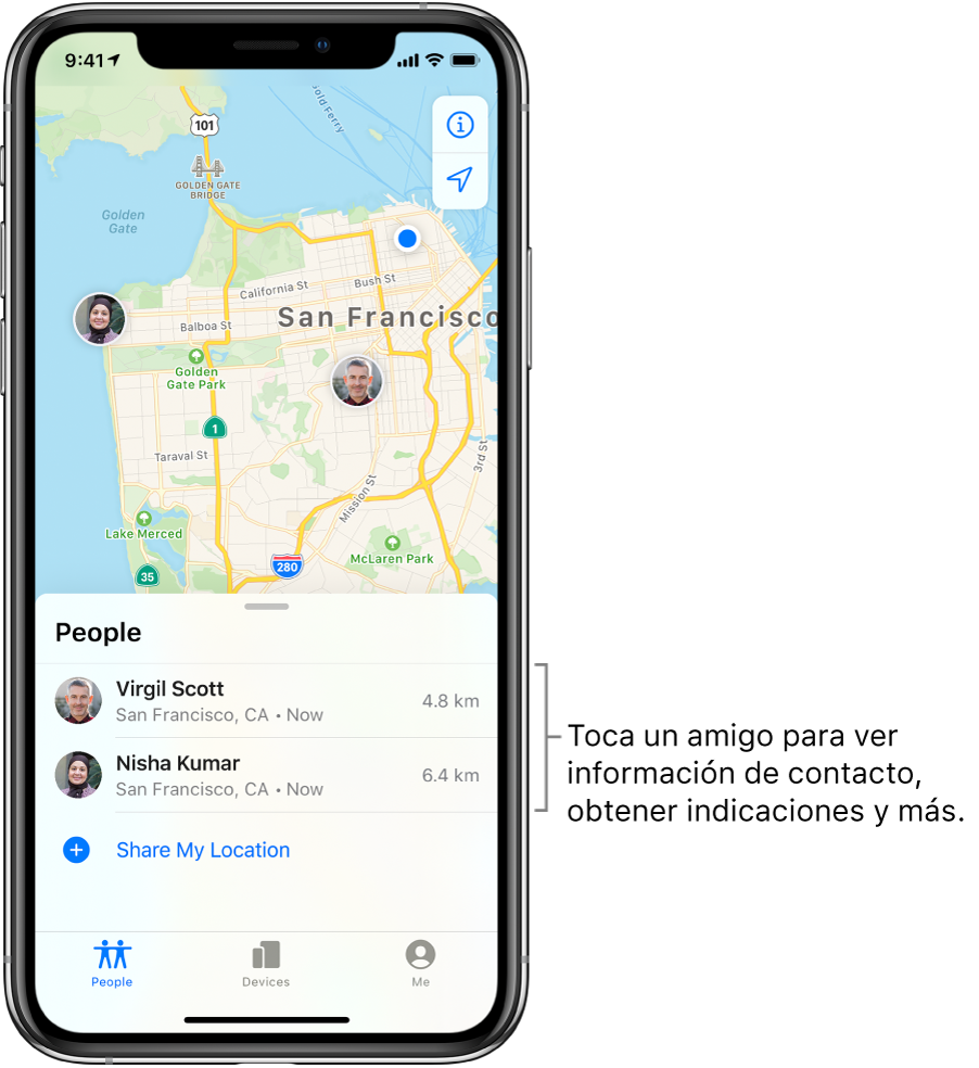 La pantalla de Encontrar mostrando la pestaña Personas. La lista Personas con dos amigos: Vicente Sánchez y Nadia Cavazos. Sus ubicaciones se muestran en un mapa de San Francisco.