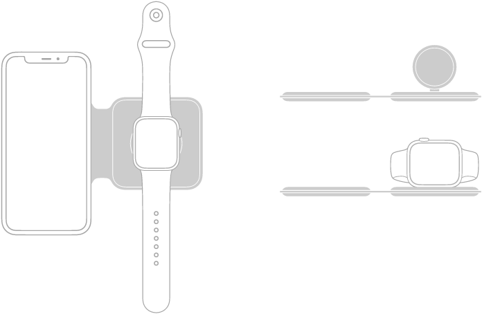 Una ilustración en el lado izquierdo muestra un iPhone y un Apple Watch sobre las superficies de carga del cargador doble MagSafe. Una ilustración en la parte superior derecha muestra que la superficie de carga del Apple Watch está elevada. Una ilustración en la parte inferior muestra un Apple Watch sobre la superficie de carga elevada.
