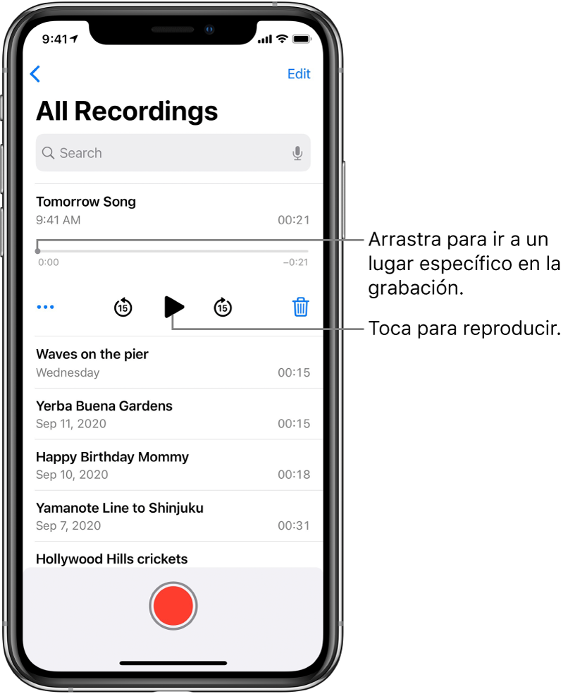 La pantalla de Notas de Voz con una grabación seleccionada en la parte superior. La línea del tiempo de la grabación tiene un cursor de reproducción, que puedes arrastrar para ir a un punto específico de la grabación. En cada extremo se encuentra el tiempo de inicio y el tiempo de fin. Debajo de la línea del tiempo se encuentra el botón Más, que puedes tocar para editar, duplicar o compartir la grabación; y los botones para retroceder 15 segundos, reproducir, avanzar 15 segundos y eliminar. Debajo se encuentra una lista de grabaciones que se pueden abrir con un toque.