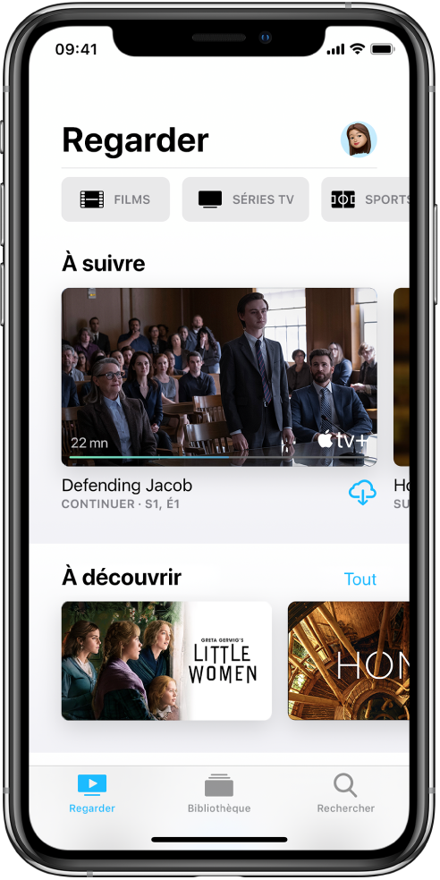 L’écran Regarder affichant les boutons pour Films, Séries TV et Sports dans le rang supérieur. Le rang « À suivre » se trouve au centre, sous le rang « À découvrir ». En bas de l’écran, de gauche à droite, se trouvent les onglets Regarder, Bibliothèque et Rechercher.