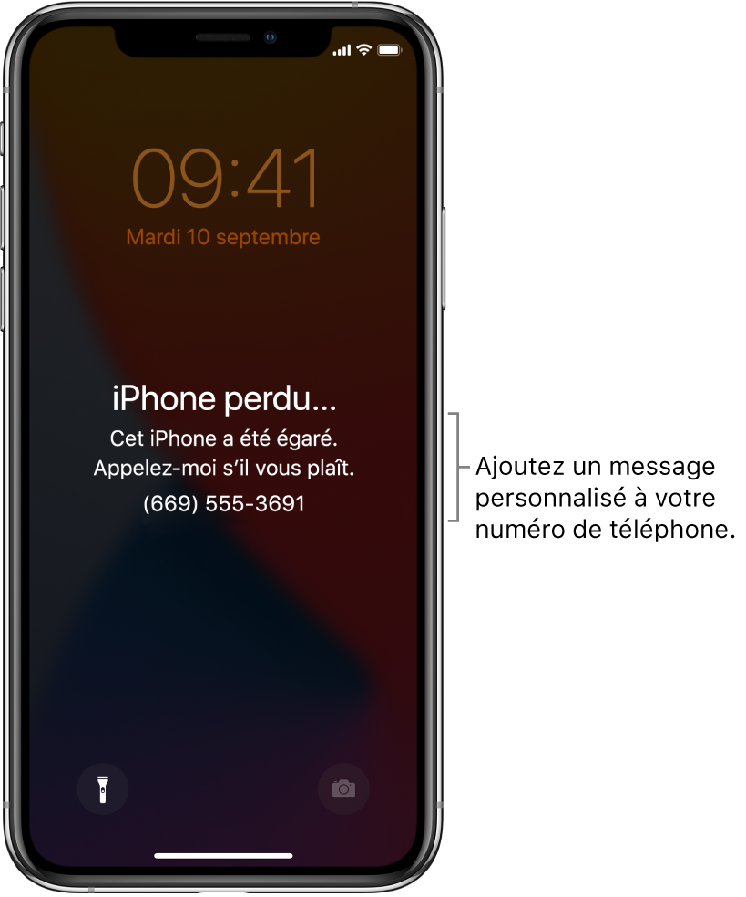 Écran verrouillé d’un iPhone avec le message suivant : « iPhone perdu. Cet iPhone a été égaré. Appelez-moi s’il vous plaît. 06 09 00 11 20. » Vous pouvez ajouter un message personnalisé avec votre numéro de téléphone.
