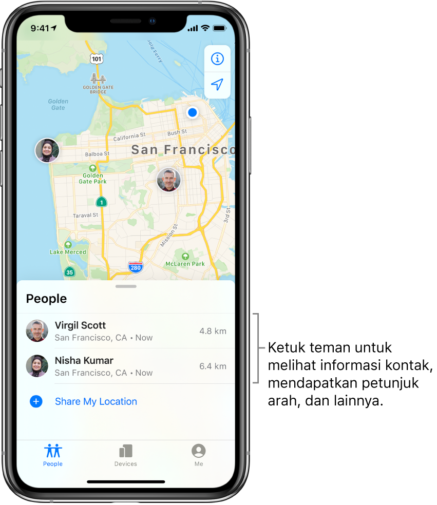 Layar Lacak dibuka ke tab Orang. Terdapat dua teman di daftar Orang: Virgil Scott dan Nisha Kumar. Lokasinya ditampilkan di peta dari San Francisco.