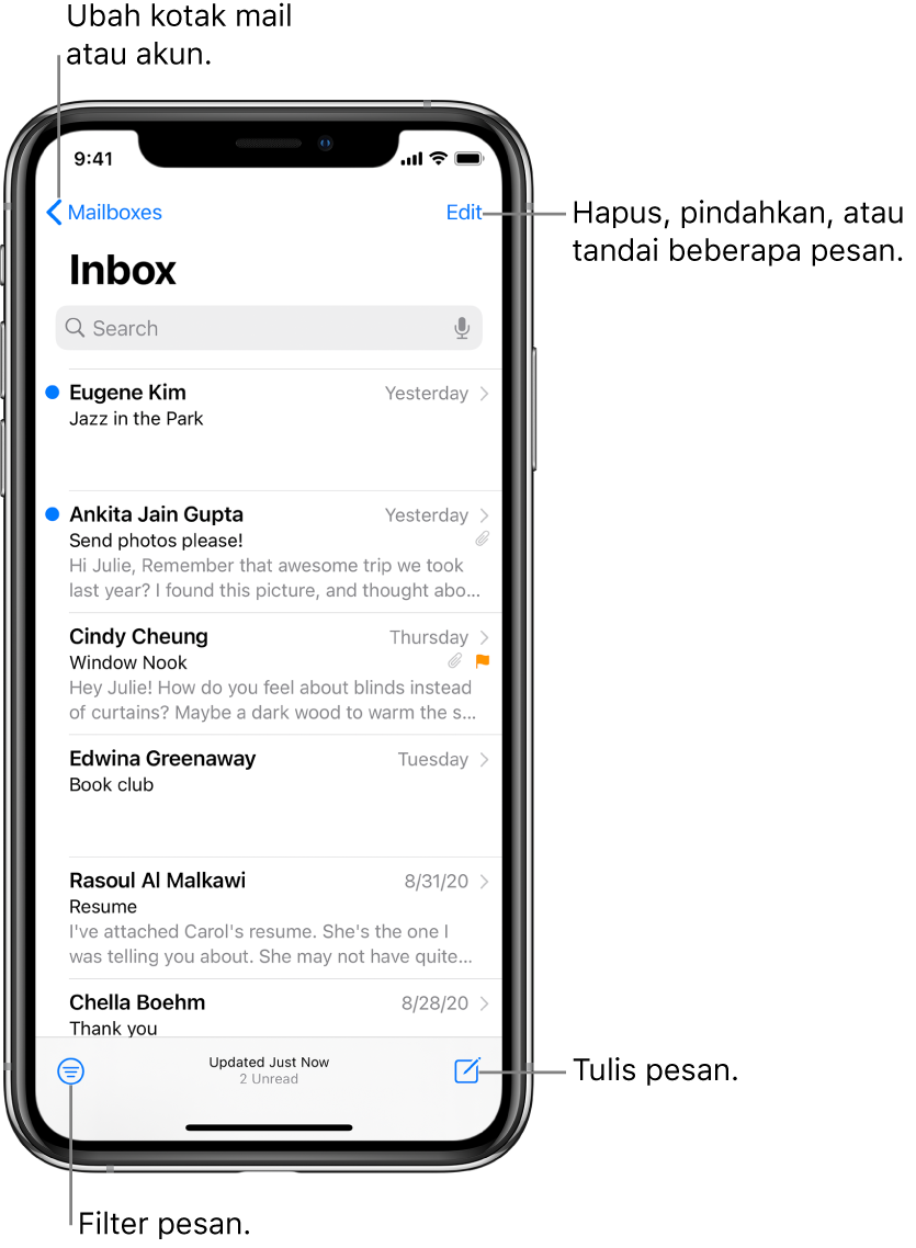 Inbox, menampilkan daftar email. Tombol Kotak Mail untuk beralih ke kotak mail lain berada di pojok kiri atas. Tombol Edit untuk menghapus, memindahkan, atau menandai email berada di pojok kanan atas. Tombol untuk memfilter email sehingga hanya email jenis tertentu yang dimunculkan berada di pojok kiri bawah. Tombol untuk menulis email baru berada di pojok kanan bawah