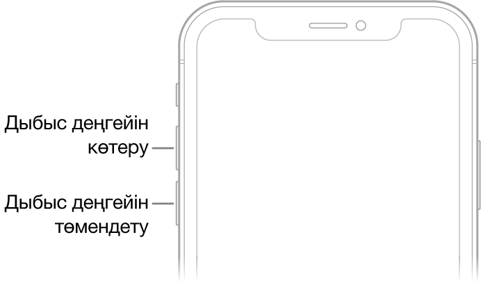 Жоғарғы сол жағында дыбыс деңгейін көтеру және дыбыс деңгейін төмендету түймелері бар iPhone құрылғысының алдыңғы жағының жоғарғы бөлігі.