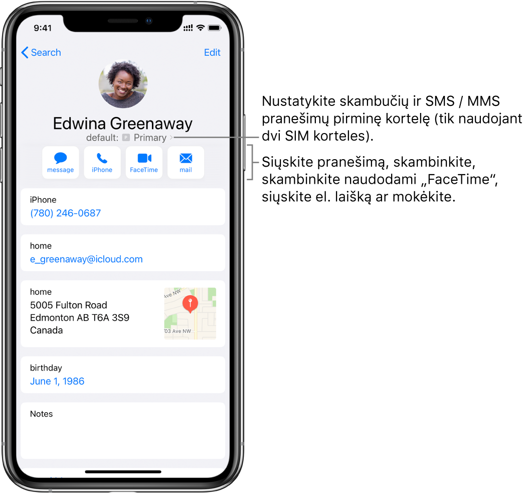 Adresato informacijos ekranas. Viršuje yra adresato nuotrauka ir vardas. Apačioje nurodyti mygtukai, skirti siųsti žinutę, skambinti, skambinti „FaceTime“, siųsti el. laišką ir siųsti pinigų programa „Apple Pay“. Po mygtukais pateikiama kontaktinė informacija.