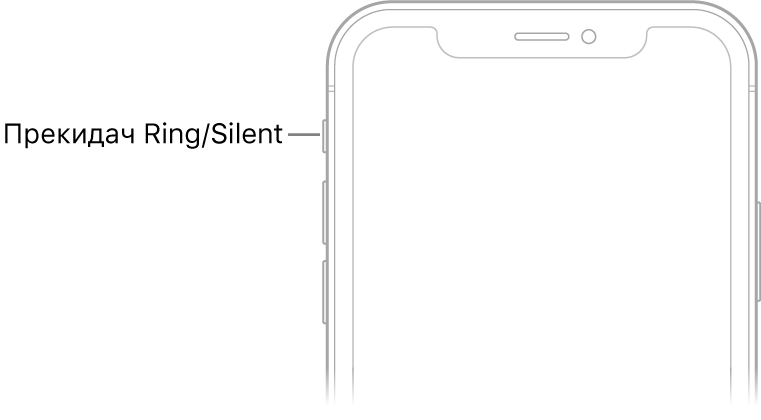Горњи део предње стране iPhone-а са облачићем који указује на прекидач звоњава/нечујно.
