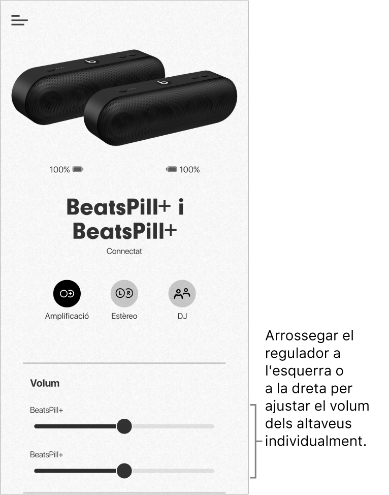 Pantalla de l’app Beats en mode Amplificació que mostra els controls de volum de dos altaveus