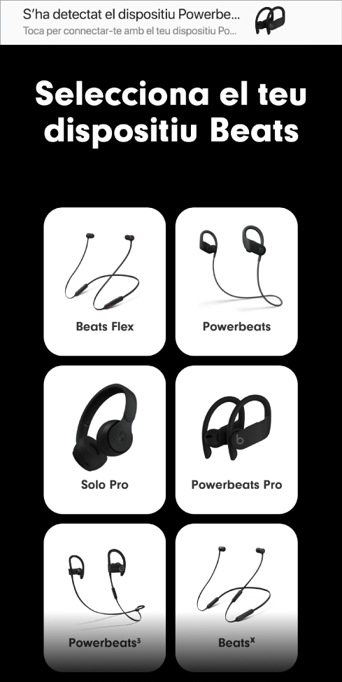 Pantalla “Selecciona el teu dispositiu Beats” que mostra la notificació d’enllaç