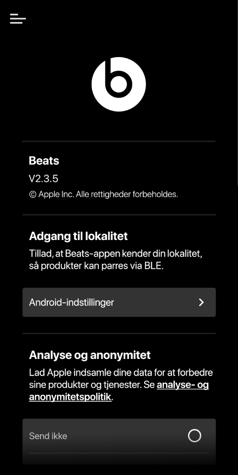 Beats-appindstillinger, der viser Beats-appversion, indstillinger til adgang til lokalitet og analyse- og anonymitetsindstillinger