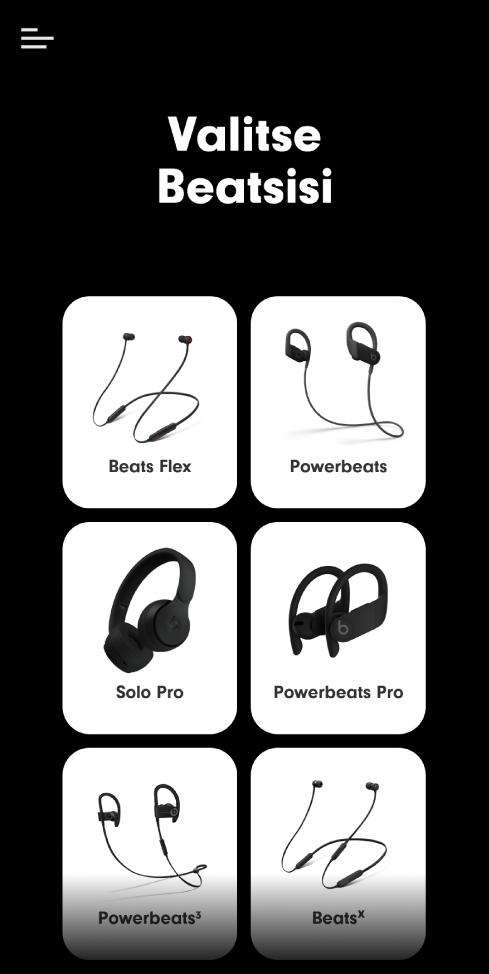 Valitse Beats-laite -näyttö, jossa näkyvät tuetut laitteet