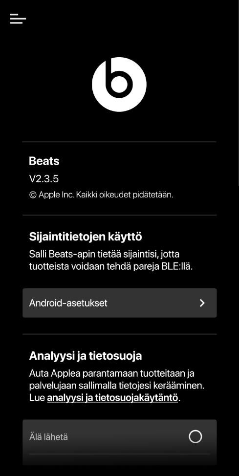 Beats-sovelluksen asetukset, jossa näkyy Beats-sovelluksen versio, sijaintiasetukset sekä analyysi- ja yksityisyysasetukset