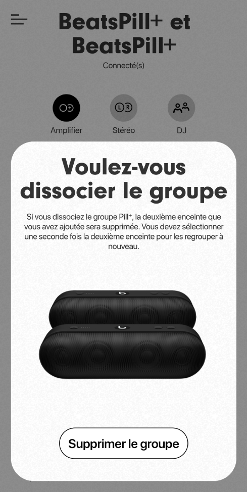 App Beats affichant l’option « Dissocier le groupe » d’une fiche