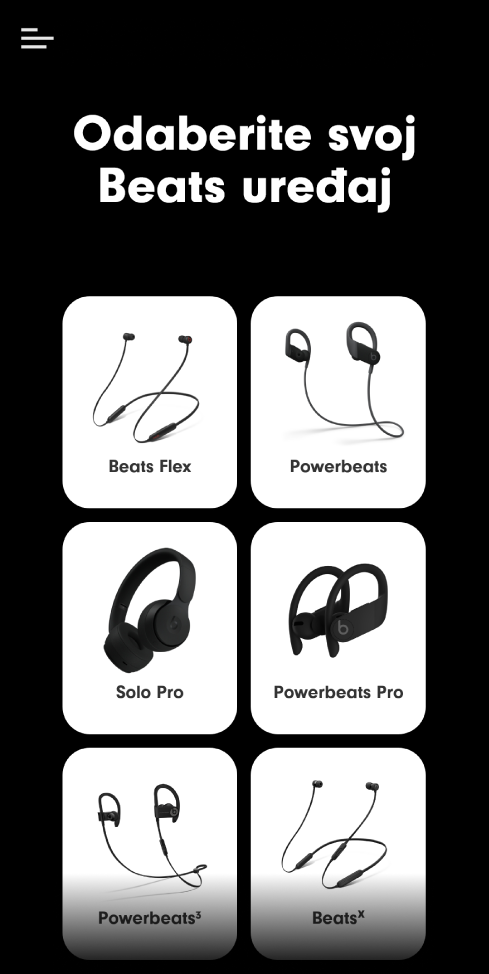 Zaslon Odaberite svoj Beats prikazuje podržane uređaje