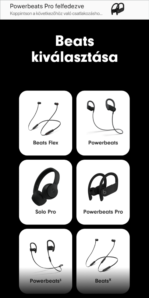 A Beats kiválasztása képernyő a párosítási értesítéssel
