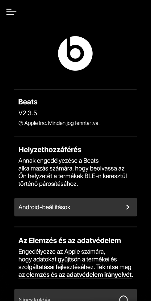 A Beats alkalmazásbeállítások a Beats alkalmazásverzióval, a Helymeghatározás beállításaival, valamint az Elemzés és adatvédelem beállításaival