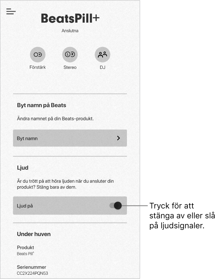 Ljudreglaget på enhetsskärmen i Beats-appen