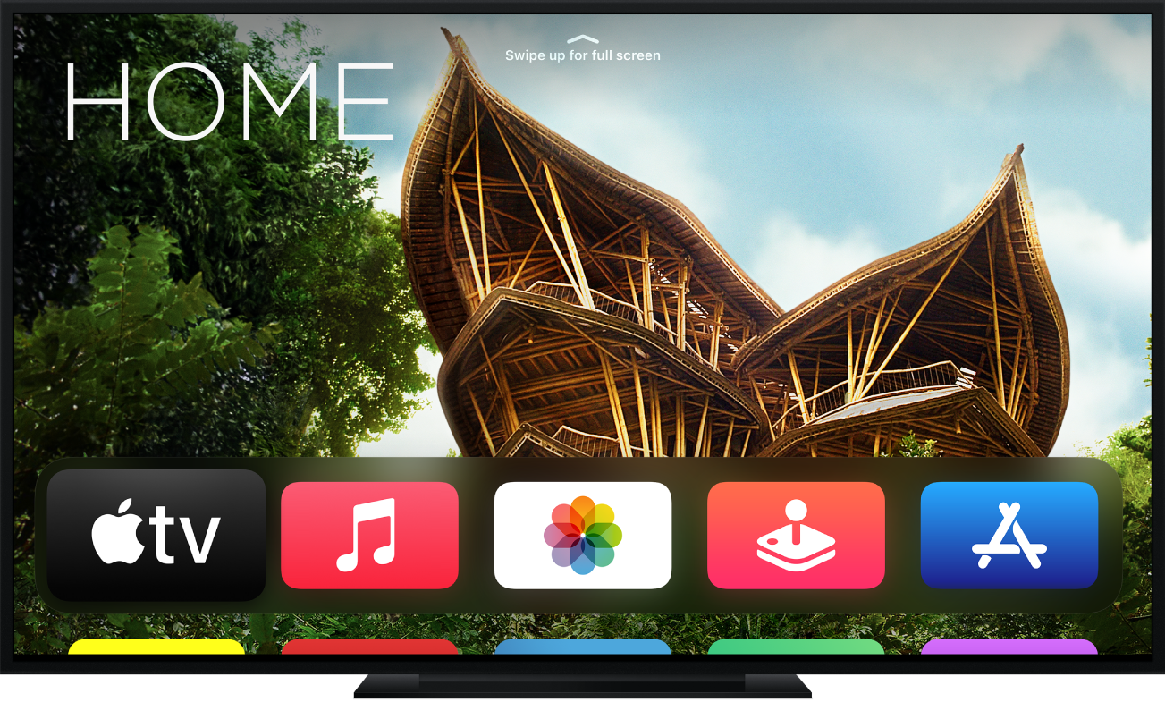 Een Apple TV waarop het beginscherm wordt weergegeven