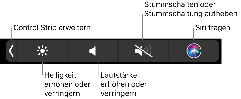 Der reduzierte Control Strip mit Tasten (von links nach rechts) zum Erweitern des Control Strip, Erhöhen oder Reduzieren der Bildschirmhelligkeit und Lautstärke, Aktivieren oder Deaktivieren der Stummschaltung und Verwenden von Siri