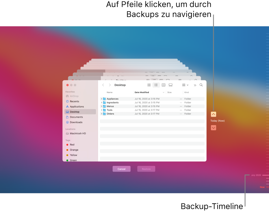Beim Öffnen von Time Machine ist die Anzeige auf dem Bildschirm verzerrt und es sind mehrere gestapelte Finder-Fenster für die Backups zu sehen. Klicke auf die Pfeile, um in den Backups zu navigieren (oder klicke rechts auf die Backup-Timeline) und wähle die Dateien für die Wiederherstellung aus.
