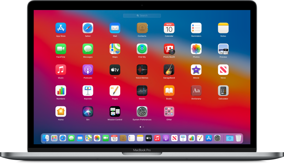 Launchpad mit App-Symbolen, die wie ein Gitter angeordnet auf dem Mac Bildschirm angezeigt werden.