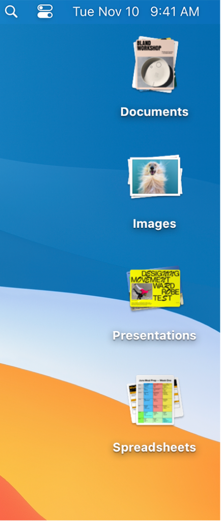 A Mac desktop with four stacks — for documents, images, presentations and spreadsheets — along the right edge of the screen.